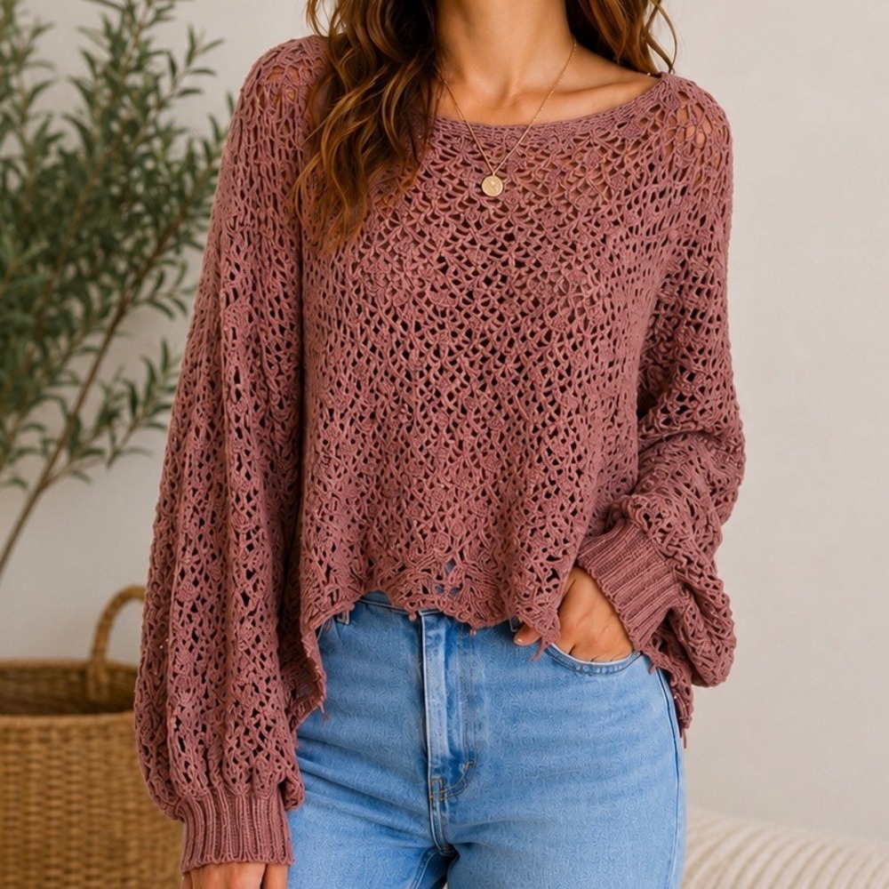 Jessica Simpson Open Knit Crochet Dolman Sleeve Sweater Top – Mauve Pink M